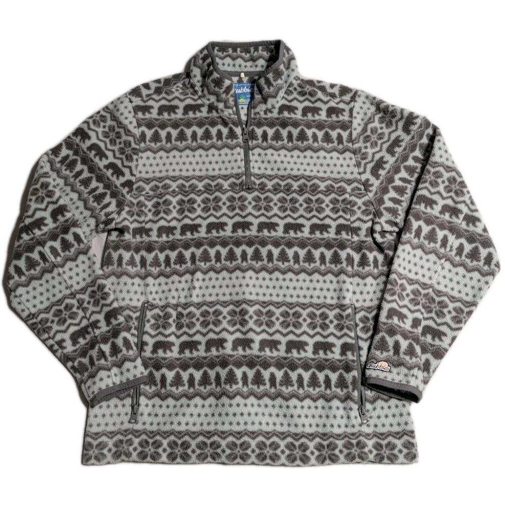Chubbies Polar Fleece Pullover Mens Medium Gray Bear Print 1/4 Zip Jacket